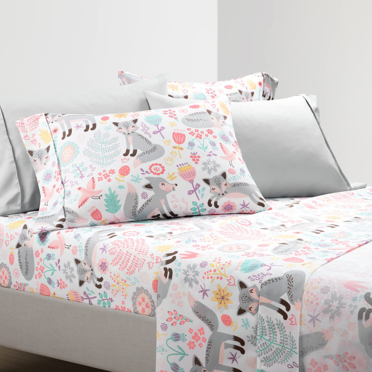 Lush Decor Pixie Fox Soft Sheet Set, 4 Piece Set, Twin, Gray & Pink - Twin Bed Sheets - Toddler Bedding Set For Girls - Twin She